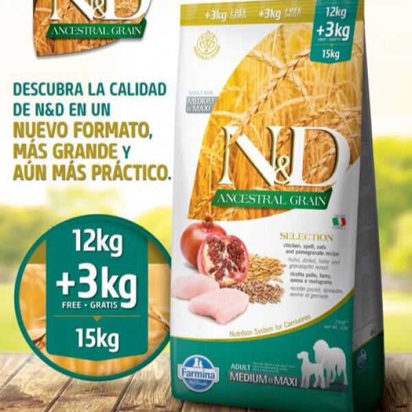 N&D ANCESTRAL DOG SELECTION MED/MAXI POLLO 12+3KG