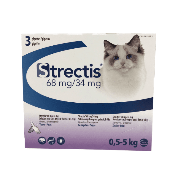 imagen de la caja de 3 pipetas de strectis antiparasitarios para gatos de menos de cinco kilos de peso
