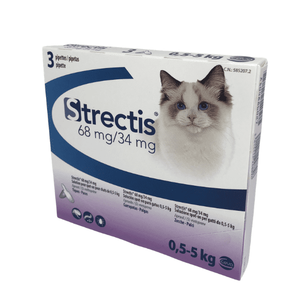 imagen lateral de la caja con 3 pipetas de antiparasitarios para gatos de hasta cinco kilos de peso